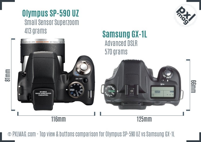 Olympus SP-590 UZ vs Samsung GX-1L top view buttons comparison