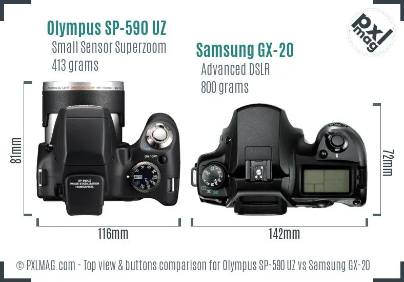 Olympus SP-590 UZ vs Samsung GX-20 top view buttons comparison