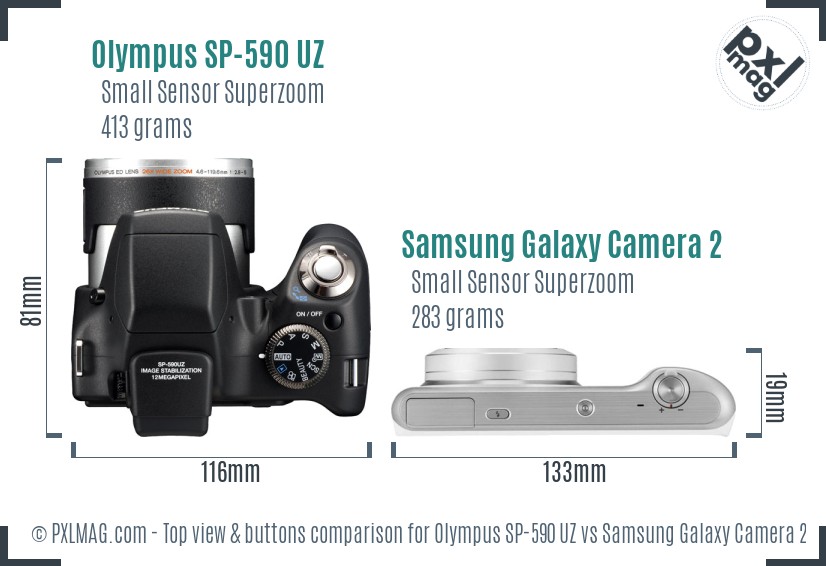 Olympus SP-590 UZ vs Samsung Galaxy Camera 2 top view buttons comparison