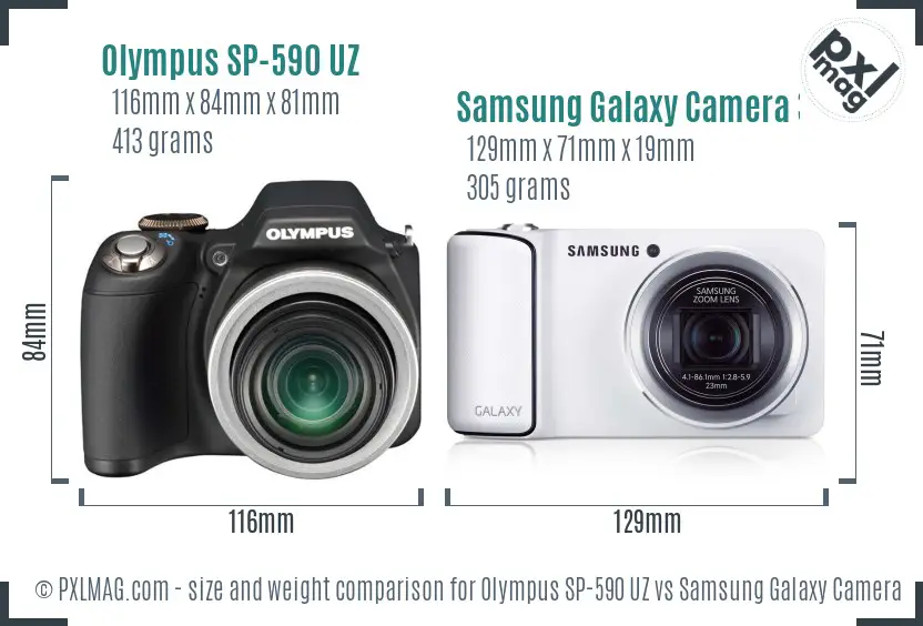 Olympus SP-590 UZ vs Samsung Galaxy Camera 3G size comparison