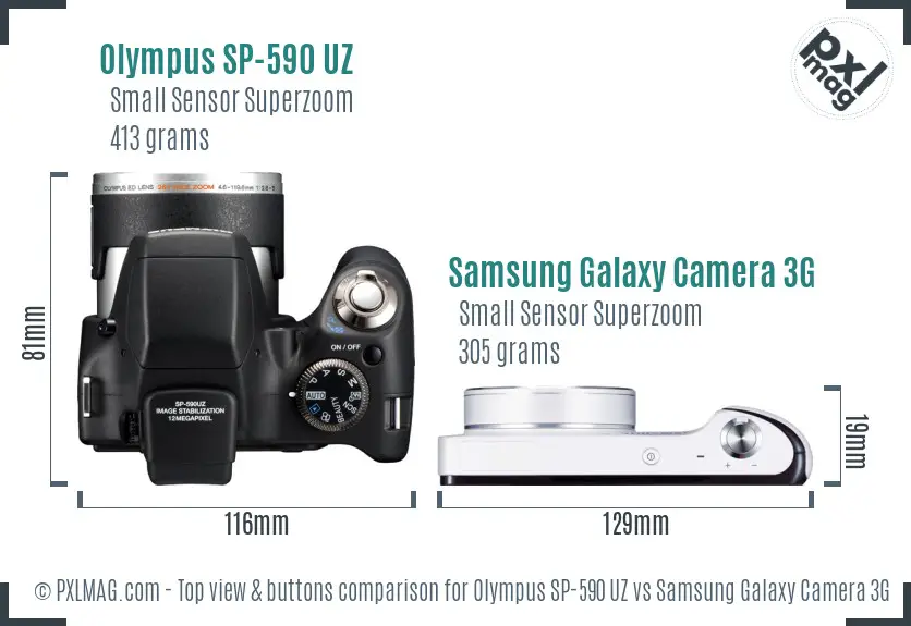 Olympus SP-590 UZ vs Samsung Galaxy Camera 3G top view buttons comparison