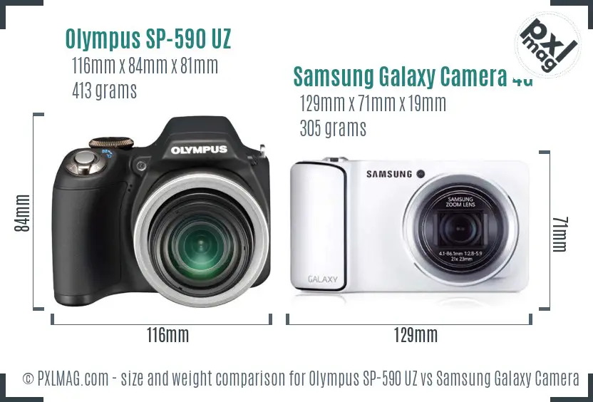 Olympus SP-590 UZ vs Samsung Galaxy Camera 4G size comparison