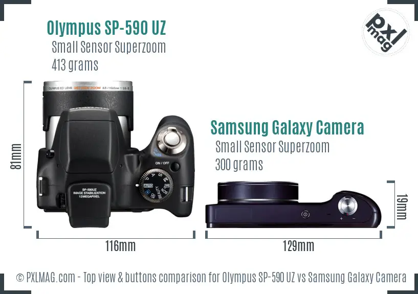 Olympus SP-590 UZ vs Samsung Galaxy Camera top view buttons comparison