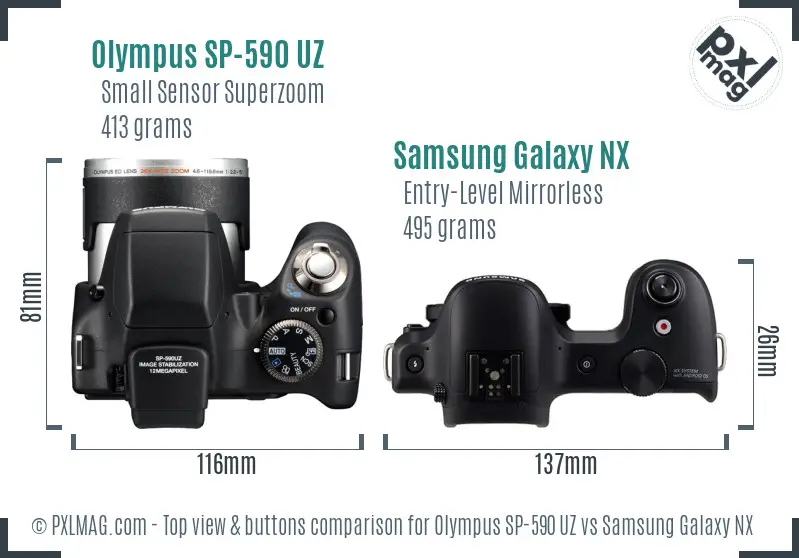 Olympus SP-590 UZ vs Samsung Galaxy NX top view buttons comparison Olympus SP-590 UZ vs Samsung Galaxy NX top view buttons comparison