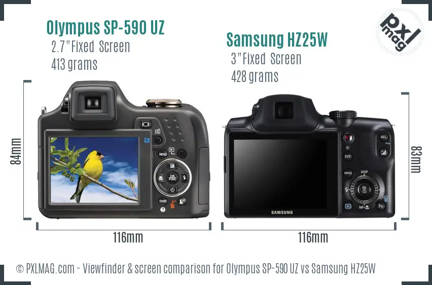 Olympus SP-590 UZ vs Samsung HZ25W Screen and Viewfinder comparison