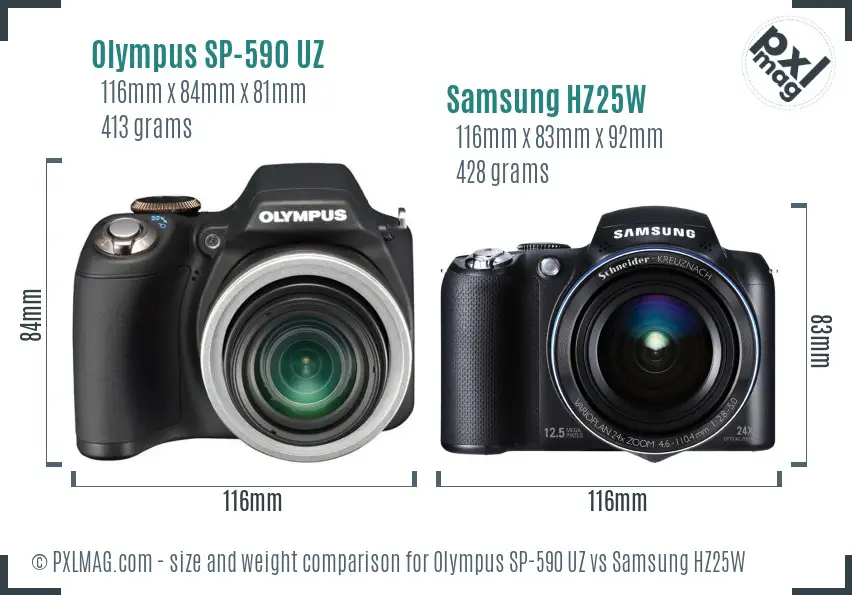 Olympus SP-590 UZ vs Samsung HZ25W size comparison