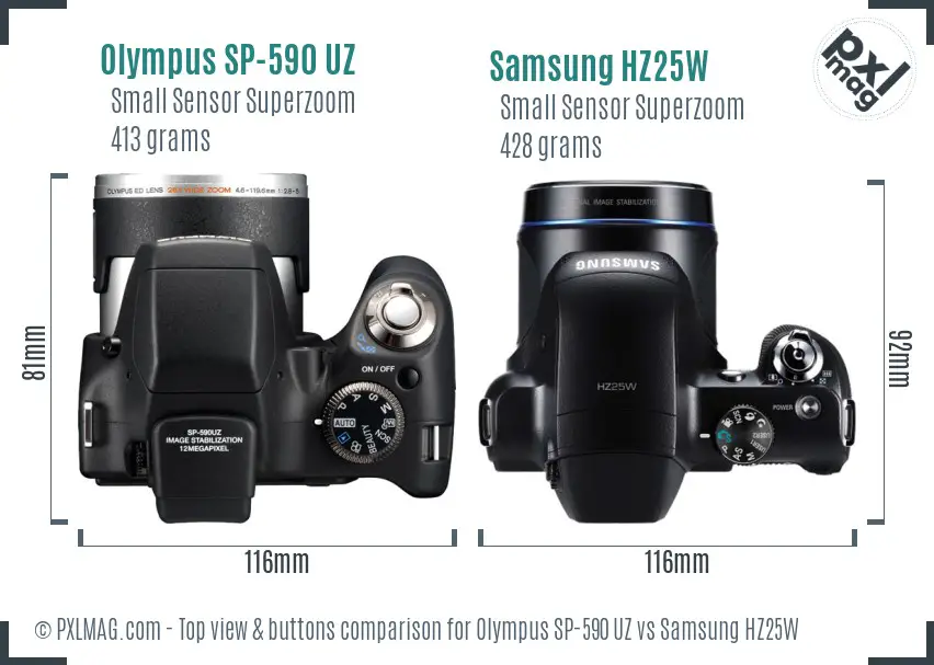 Olympus SP-590 UZ vs Samsung HZ25W top view buttons comparison