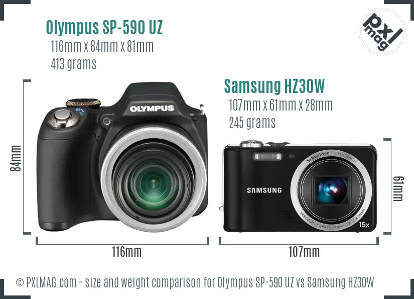 Olympus SP-590 UZ vs Samsung HZ30W size comparison Olympus SP-590 UZ vs Samsung HZ30W size comparison