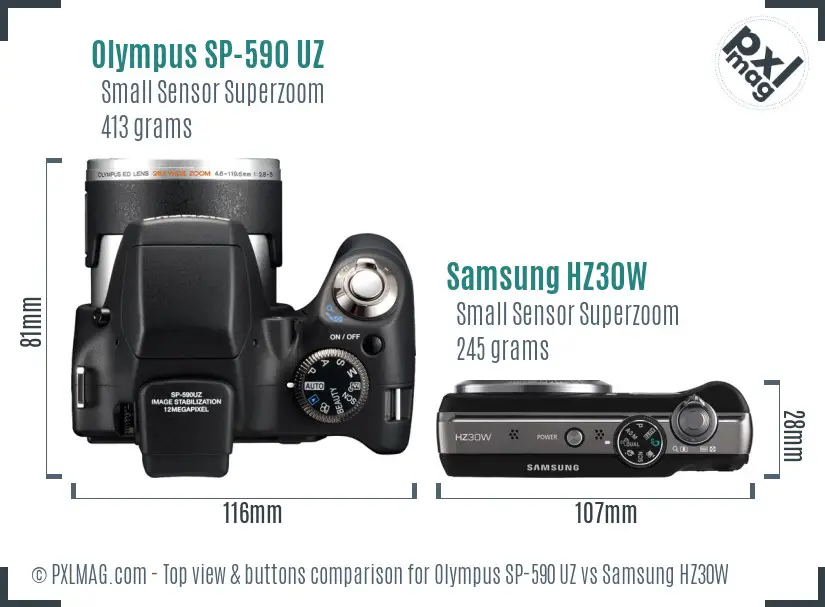 Olympus SP-590 UZ vs Samsung HZ30W top view buttons comparison Olympus SP-590 UZ vs Samsung HZ30W top view buttons comparison