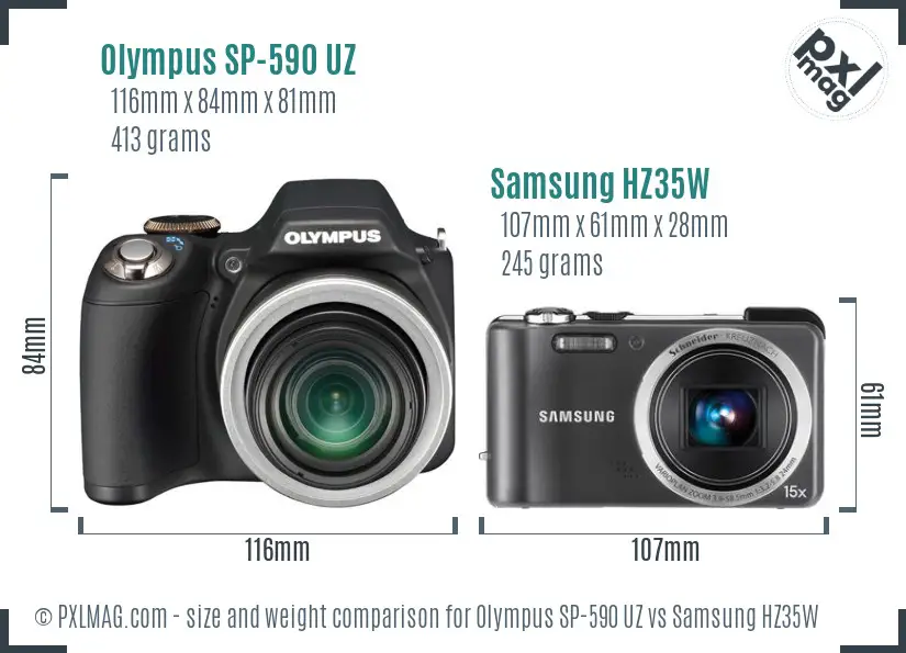 Olympus SP-590 UZ vs Samsung HZ35W size comparison