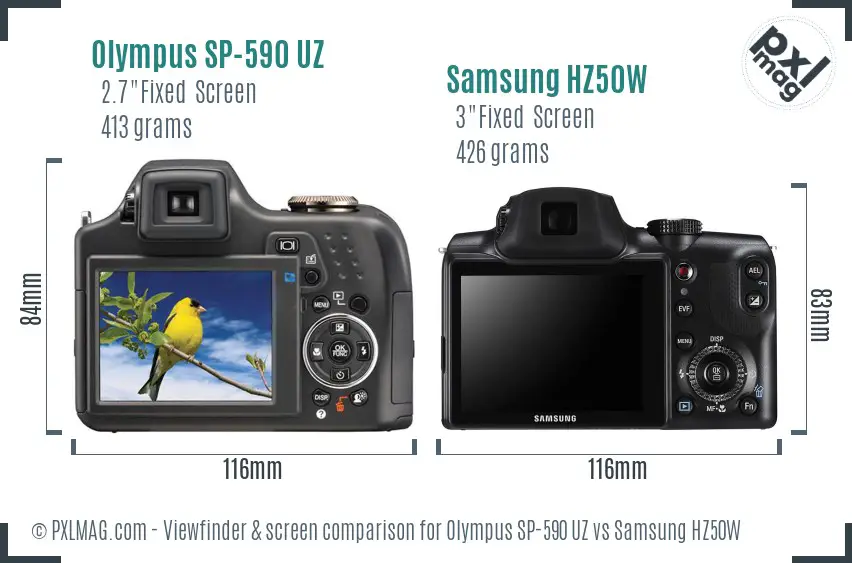 Olympus SP-590 UZ vs Samsung HZ50W Screen and Viewfinder comparison