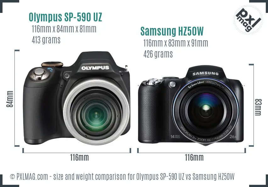 Olympus SP-590 UZ vs Samsung HZ50W size comparison