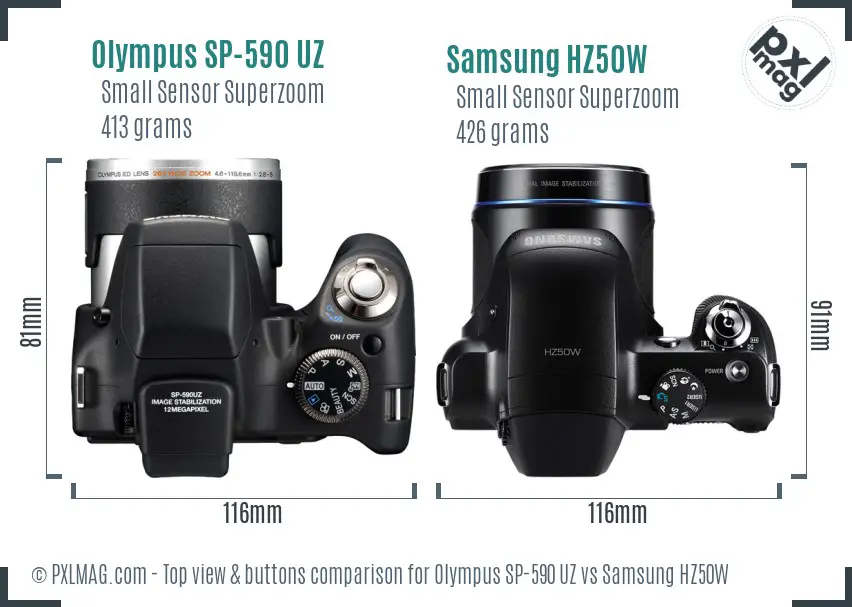 Olympus SP-590 UZ vs Samsung HZ50W top view buttons comparison