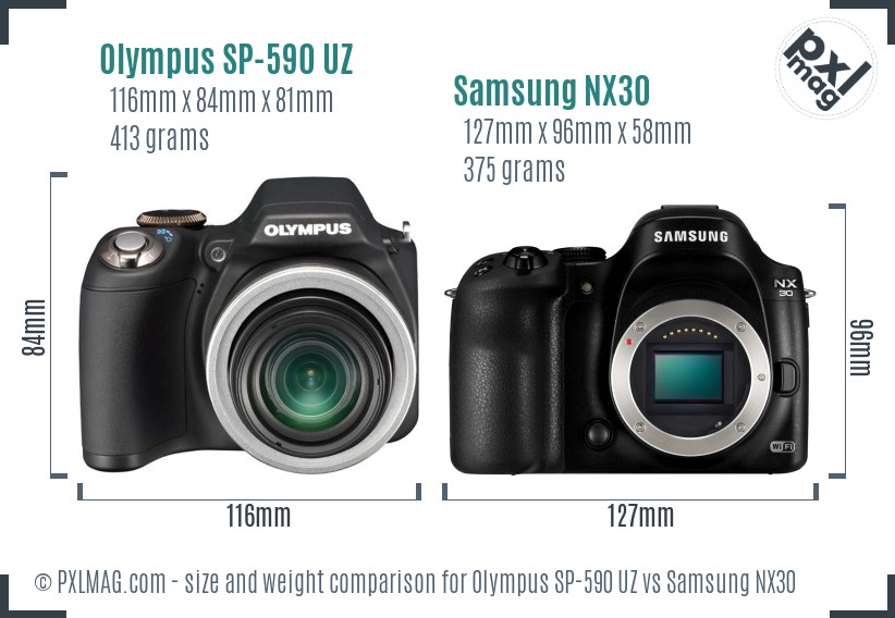 Olympus SP-590 UZ vs Samsung NX30 size comparison Olympus SP-590 UZ vs Samsung NX30 size comparison