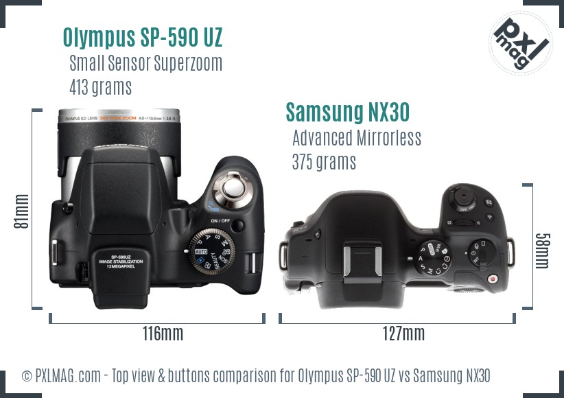Olympus SP-590 UZ vs Samsung NX30 top view buttons comparison