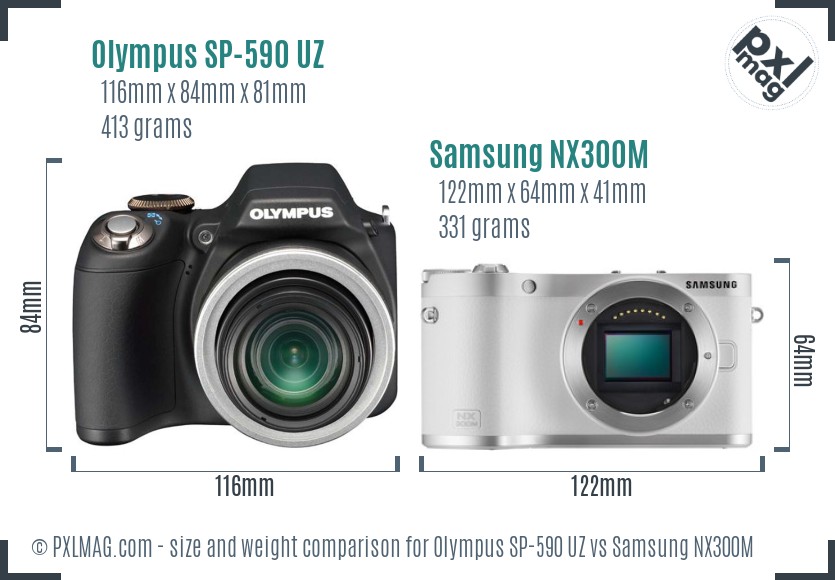 Olympus SP-590 UZ vs Samsung NX300M size comparison
