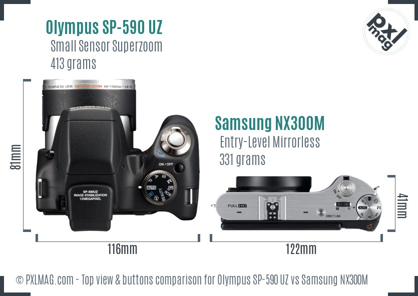 Olympus SP-590 UZ vs Samsung NX300M top view buttons comparison