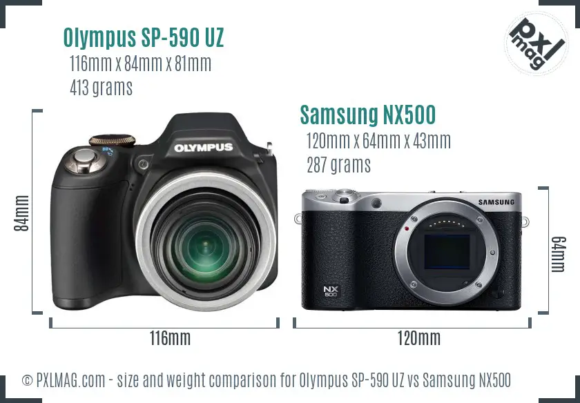 Olympus SP-590 UZ vs Samsung NX500 size comparison