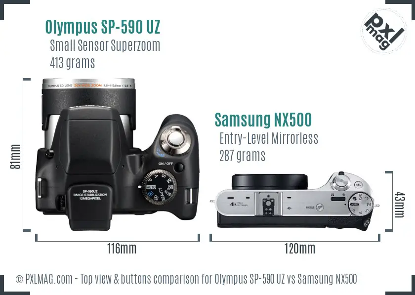 Olympus SP-590 UZ vs Samsung NX500 top view buttons comparison