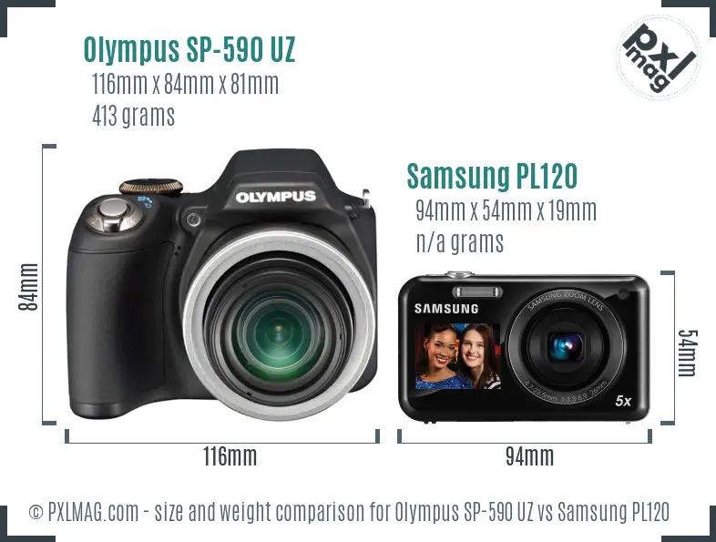 Olympus SP-590 UZ vs Samsung PL120 size comparison