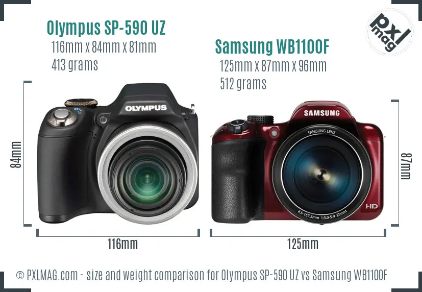Olympus SP-590 UZ vs Samsung WB1100F size comparison