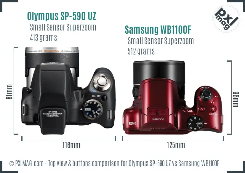 Olympus SP-590 UZ vs Samsung WB1100F top view buttons comparison