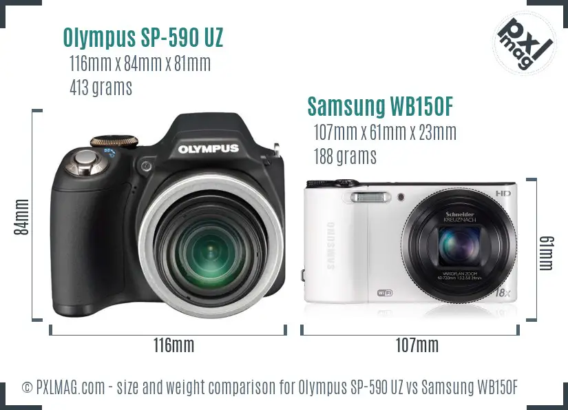 Olympus SP-590 UZ vs Samsung WB150F size comparison