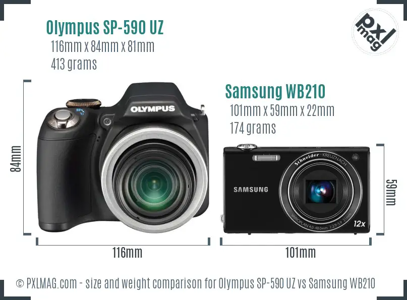 Olympus SP-590 UZ vs Samsung WB210 size comparison