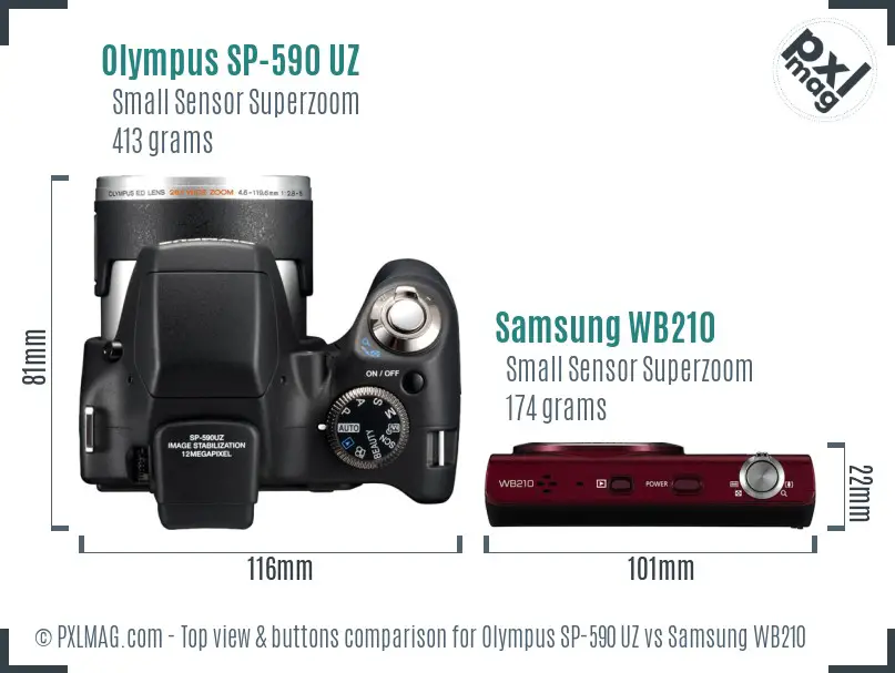 Olympus SP-590 UZ vs Samsung WB210 top view buttons comparison