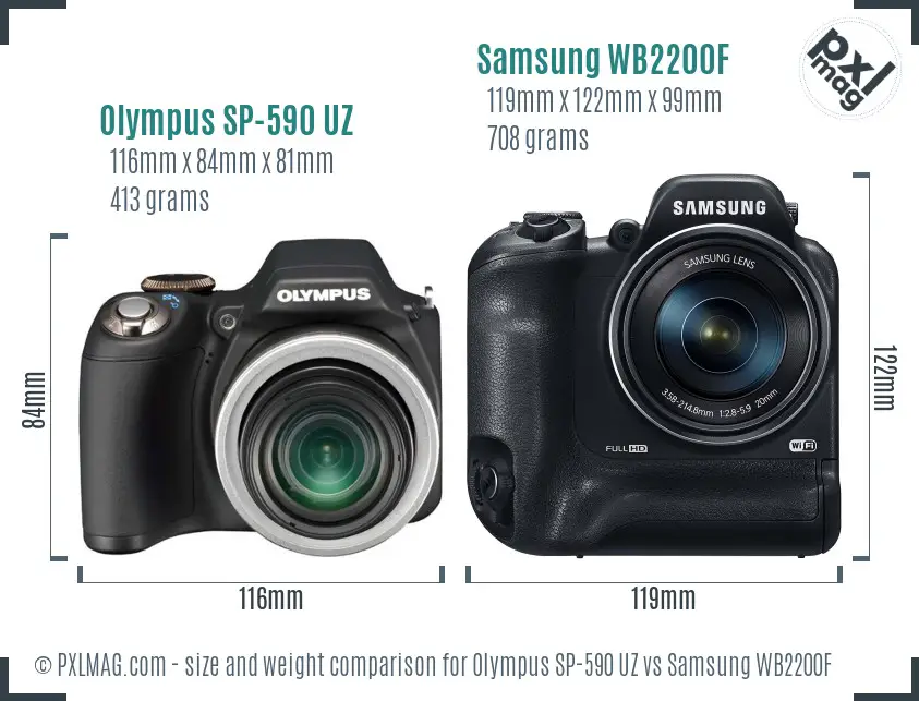 Olympus SP-590 UZ vs Samsung WB2200F size comparison