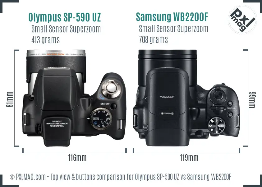 Olympus SP-590 UZ vs Samsung WB2200F top view buttons comparison