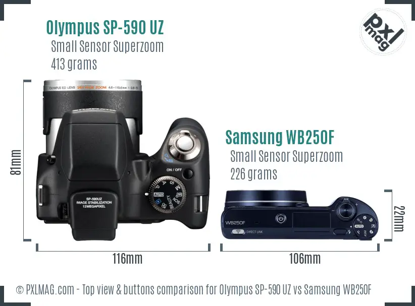 Olympus SP-590 UZ vs Samsung WB250F top view buttons comparison