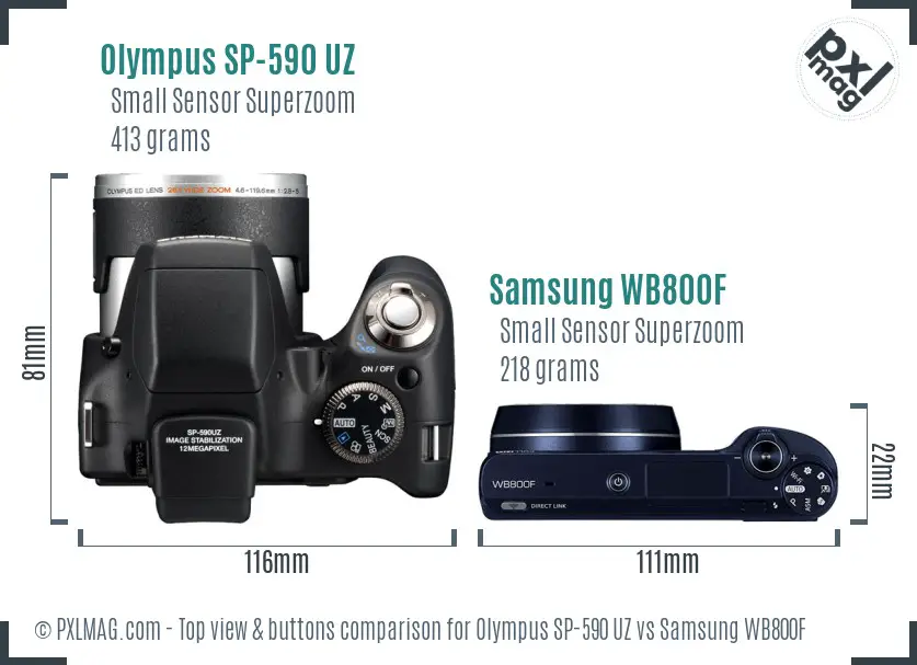 Olympus SP-590 UZ vs Samsung WB800F top view buttons comparison Olympus SP-590 UZ vs Samsung WB800F top view buttons comparison