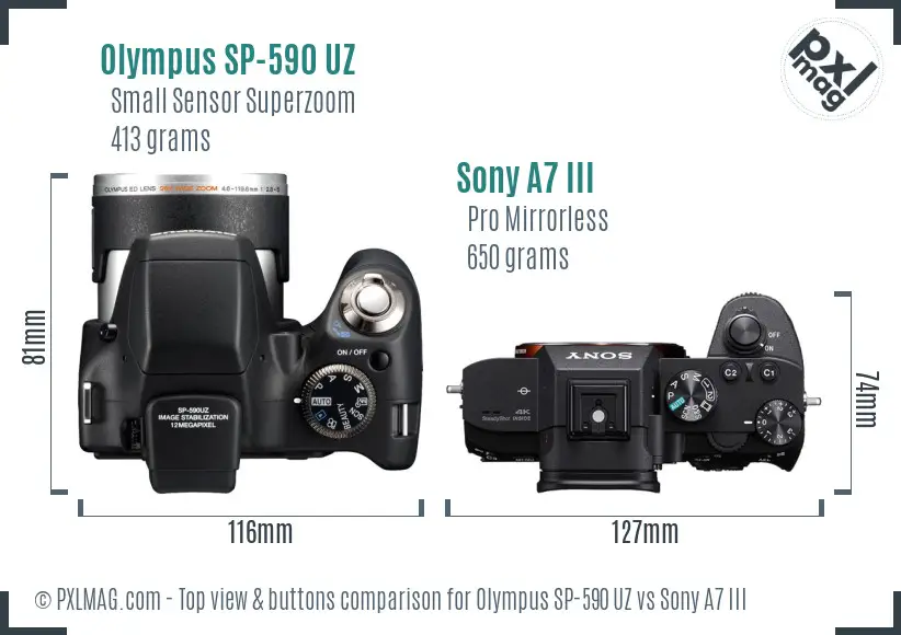 Olympus SP-590 UZ vs Sony A7 III top view buttons comparison Olympus SP-590 UZ vs Sony A7 III top view buttons comparison