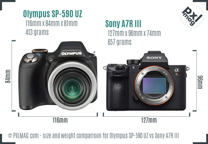 Olympus SP-590 UZ vs Sony A7R III size comparison