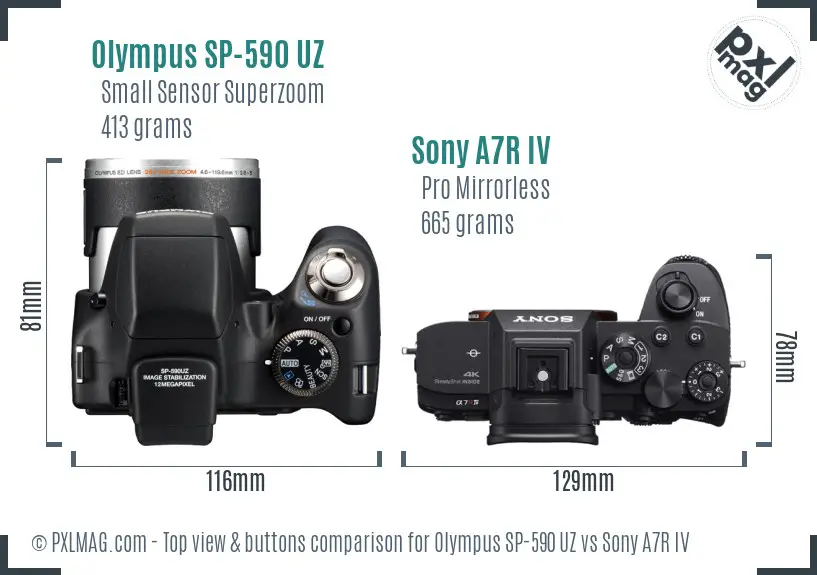 Olympus SP-590 UZ vs Sony A7R IV top view buttons comparison Olympus SP-590 UZ vs Sony A7R IV top view buttons comparison