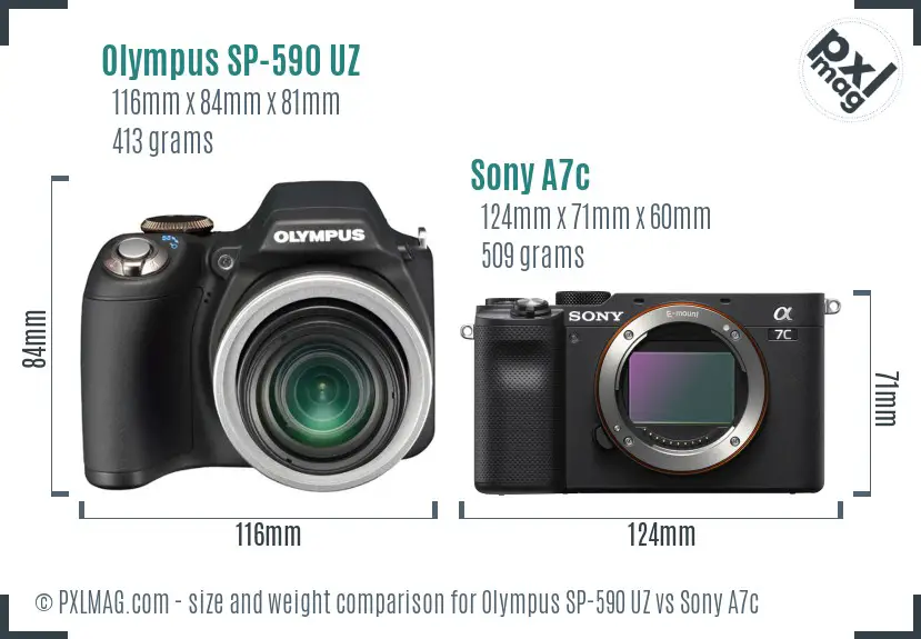 Olympus SP-590 UZ vs Sony A7c size comparison