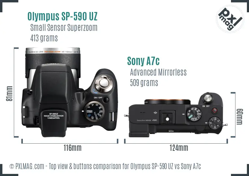 Olympus SP-590 UZ vs Sony A7c top view buttons comparison