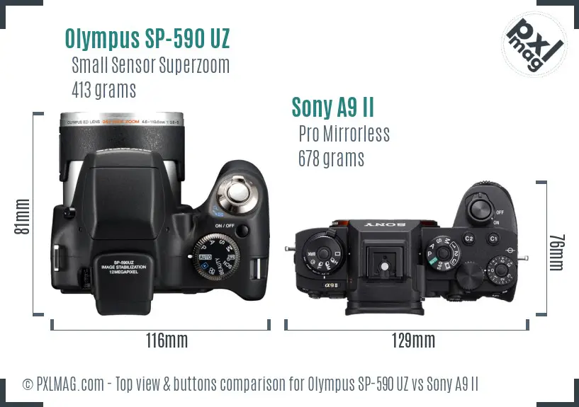 Olympus SP-590 UZ vs Sony A9 II top view buttons comparison