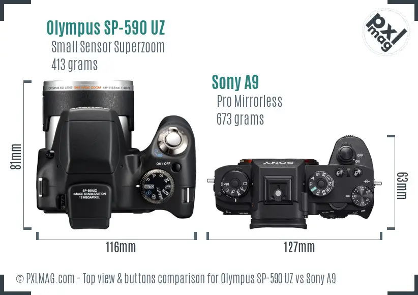 Olympus SP-590 UZ vs Sony A9 top view buttons comparison