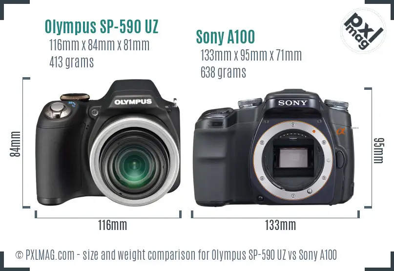 Olympus SP-590 UZ vs Sony A100 size comparison