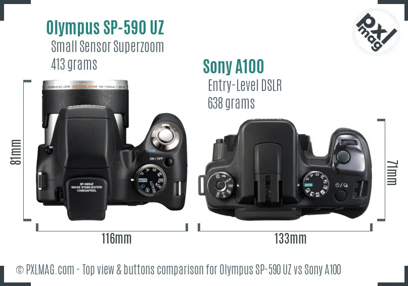 Olympus SP-590 UZ vs Sony A100 top view buttons comparison