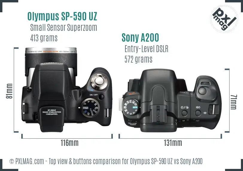 Olympus SP-590 UZ vs Sony A200 top view buttons comparison