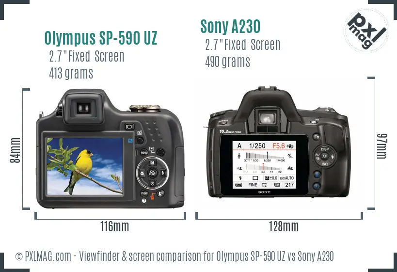 Olympus SP-590 UZ vs Sony A230 Screen and Viewfinder comparison