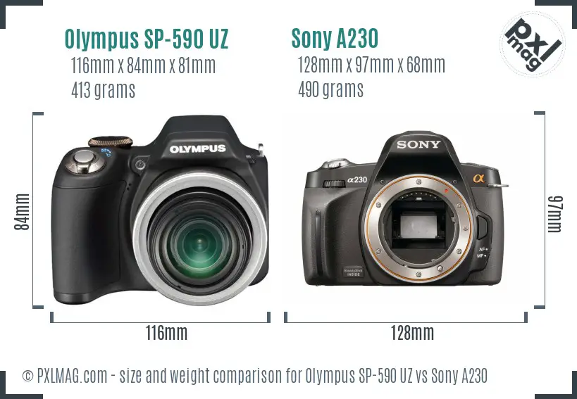 Olympus SP-590 UZ vs Sony A230 size comparison