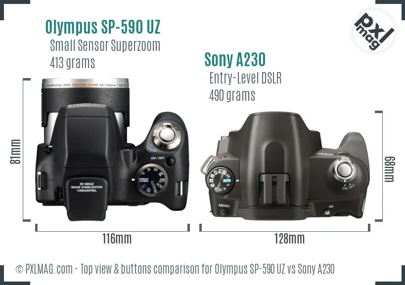 Olympus SP-590 UZ vs Sony A230 top view buttons comparison