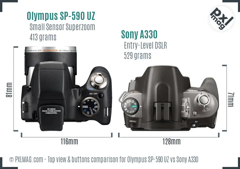 Olympus SP-590 UZ vs Sony A330 top view buttons comparison