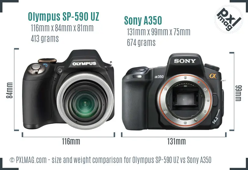 Olympus SP-590 UZ vs Sony A350 size comparison