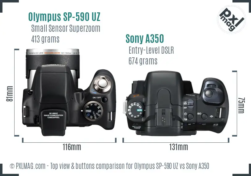 Olympus SP-590 UZ vs Sony A350 top view buttons comparison