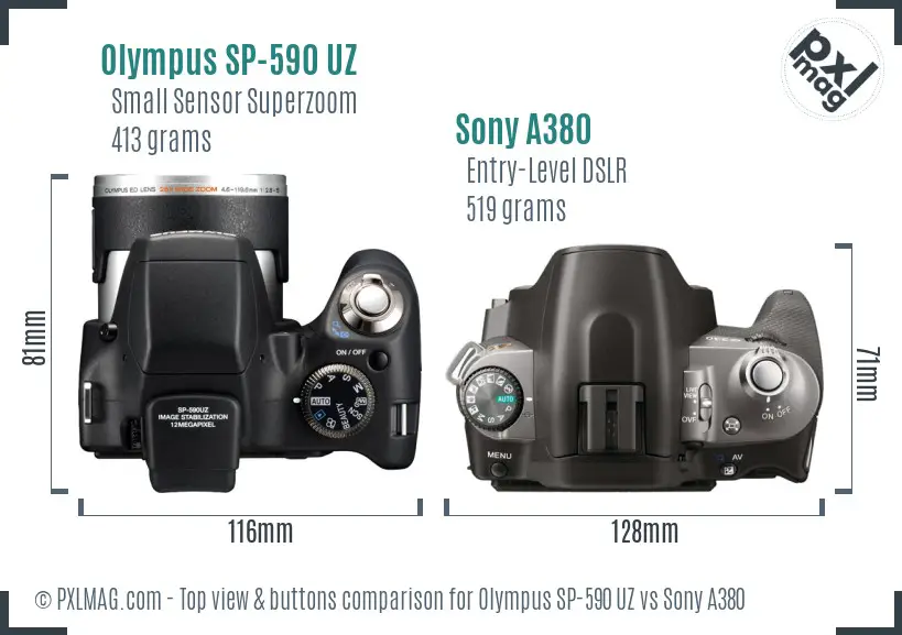 Olympus SP-590 UZ vs Sony A380 top view buttons comparison